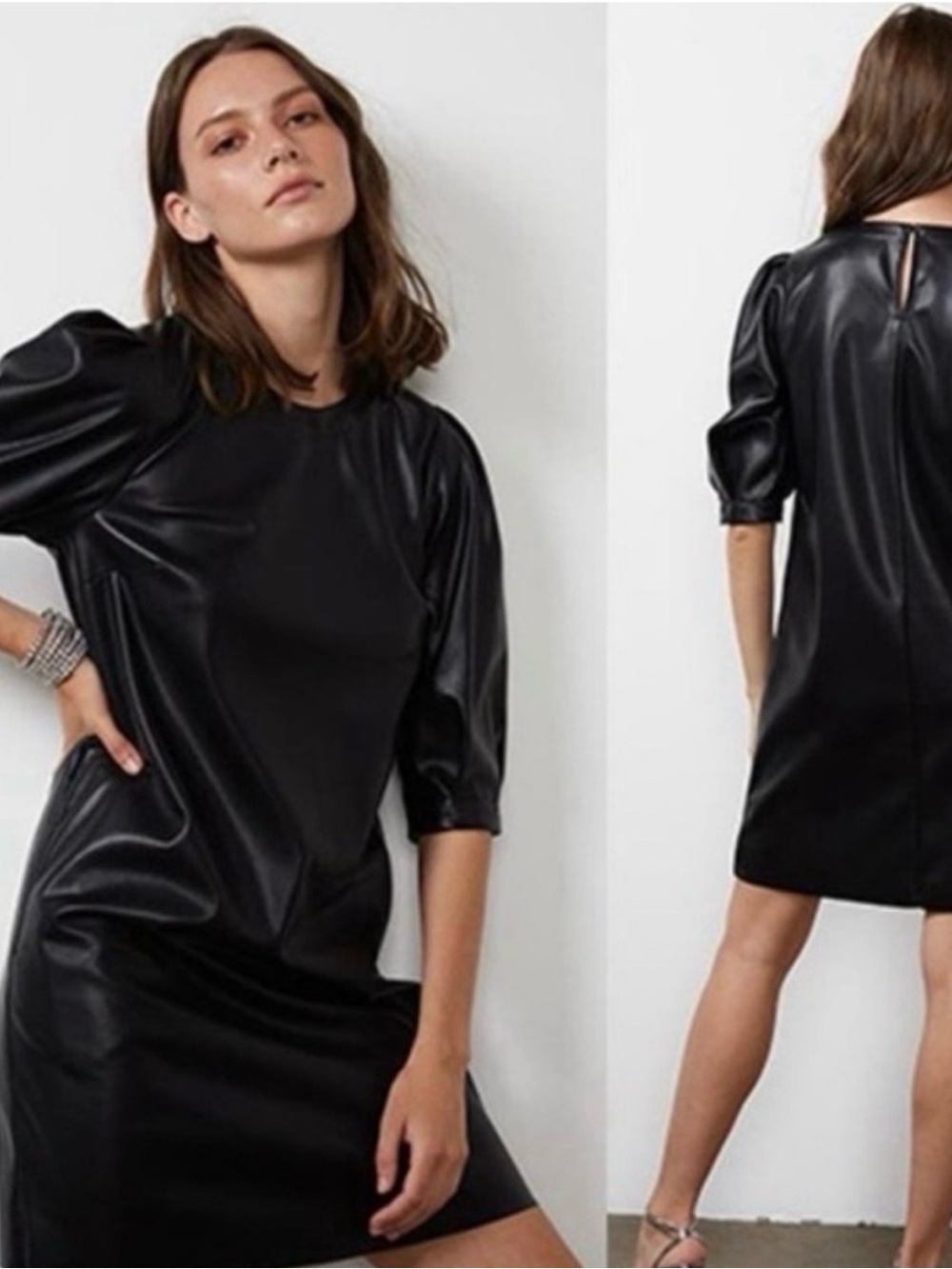 Velvet by Graham & Spencer Black Faux Leather Puff Sleeve Mini Dress L